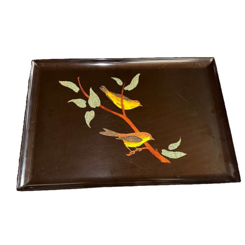 Vintage COUROC Of Monterey, CA Serving Tray with Hand Inlaid Birds Beautiful